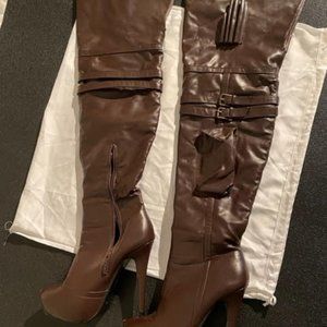 9 Faux Leather Brown Thigh Boot With pens and  Pocket, HOT, 31" high